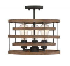 Blaine 3-Light Convertible Semi-Flush or Pendant in Natural Walnut with Black Accents