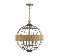Boreal 4-Light Pendant in Burnished Brass with Natural Rattan