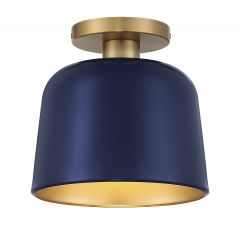 1-Light Ceiling Light in Navy Blue with Natural Brass